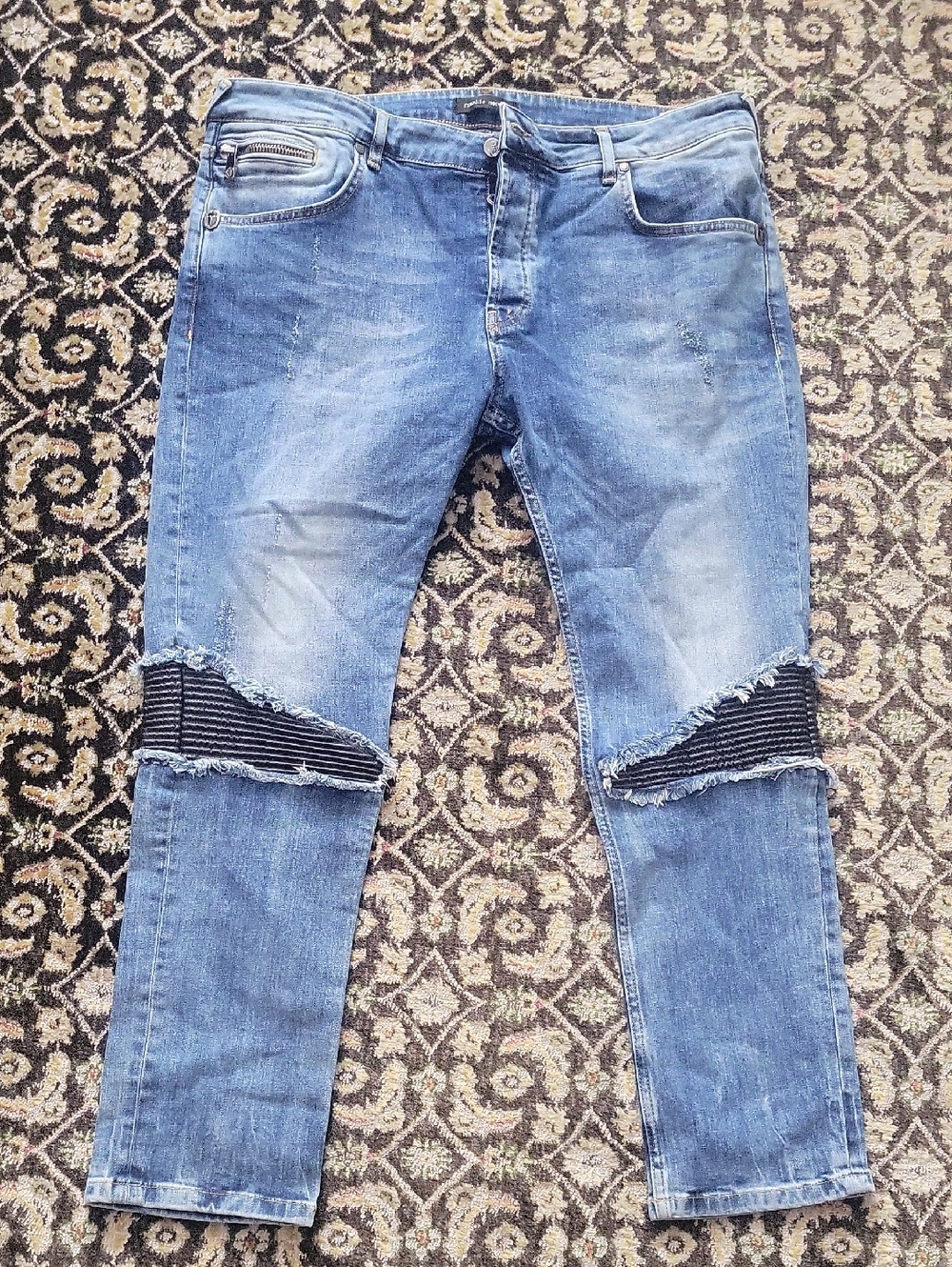 Frankie Morello Men's Blue Slim Straight Jeans with Ribbed Knee Panels